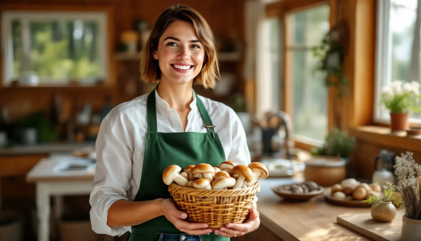 Smiling person holding freshly harvested blue oyster mushrooms