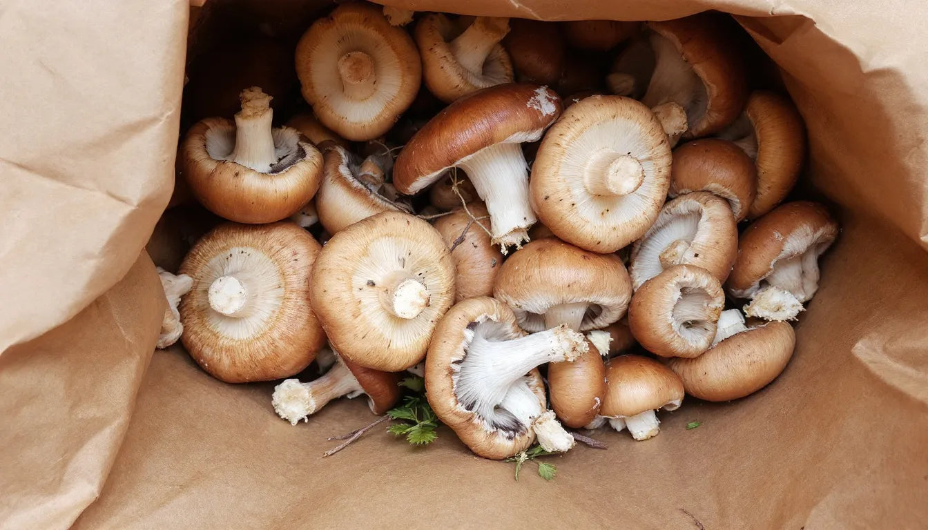 Fresh mushrooms stored in a paper bag to maintain freshness.