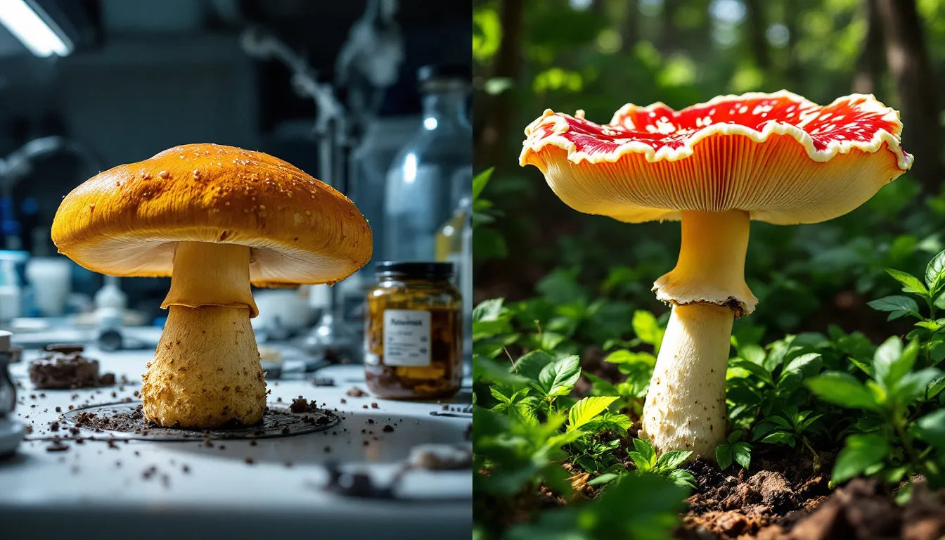 Mushrooms in indoor kit and outdoor log comparison