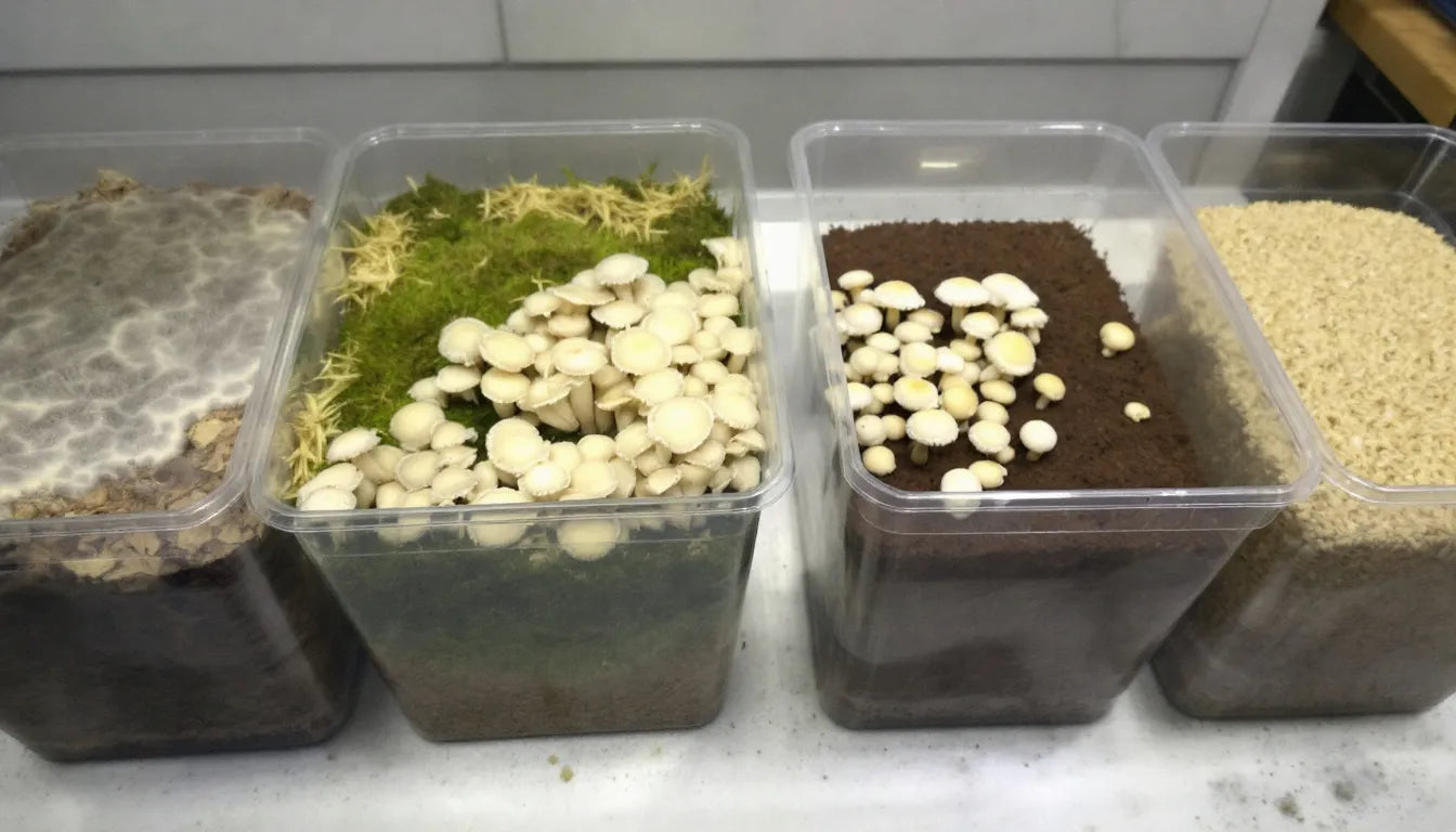 different types of mushroom-growing substrates side by side