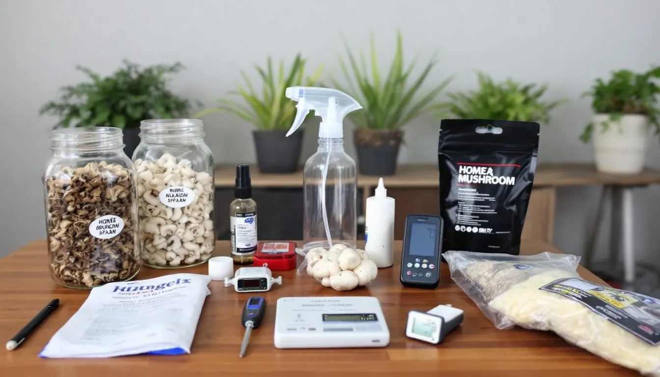Basic mushroom growing tools and supplies on a table