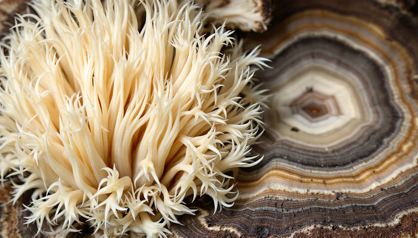 Lion’s Mane and Turkey Tail mushrooms on wooden surface