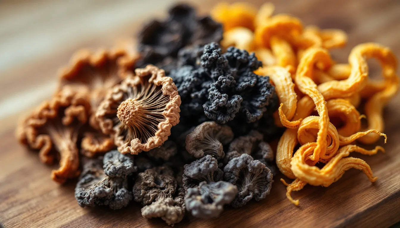 A close-up of dried medicinal mushrooms used in supplements.