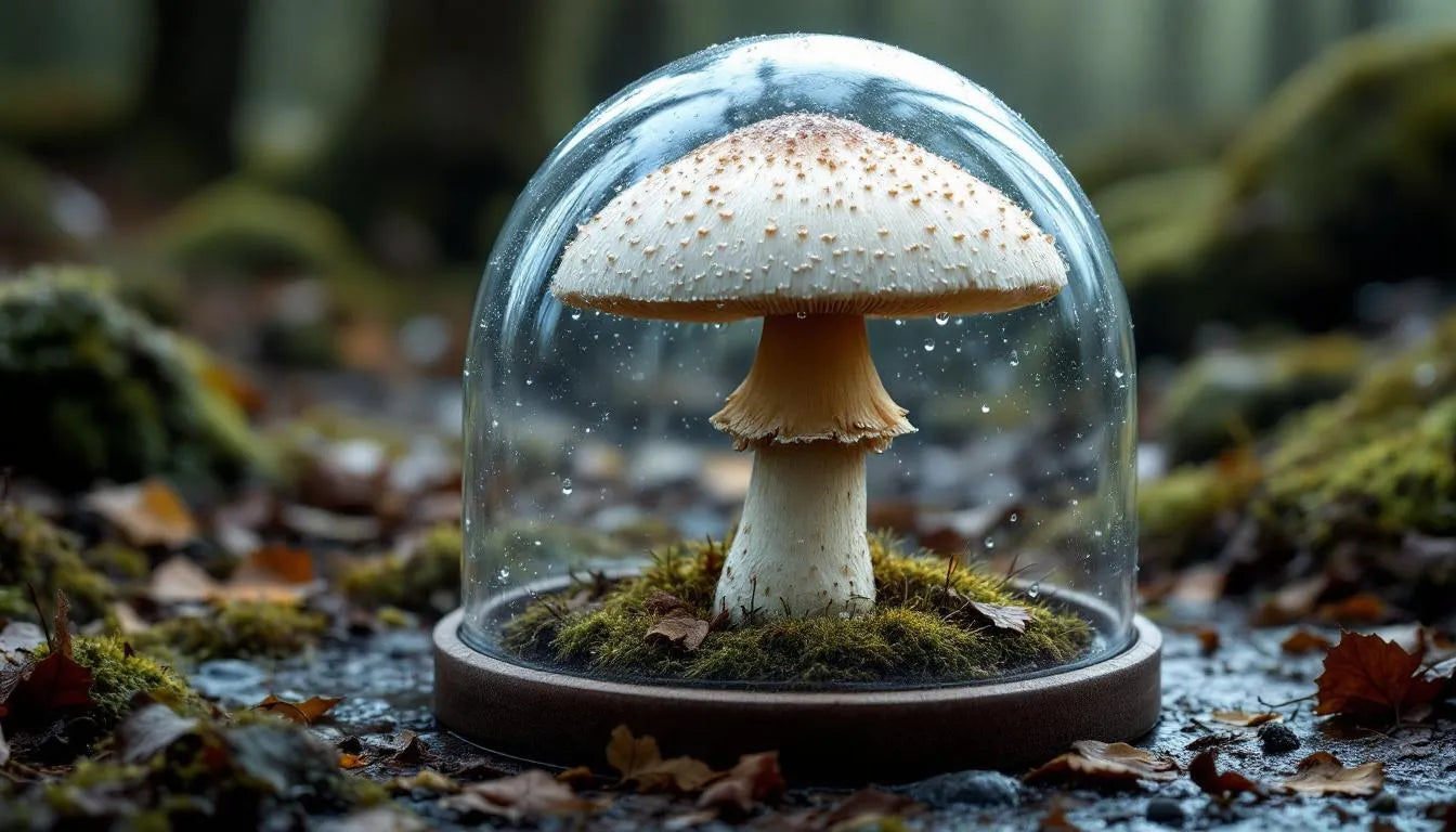 glass dome covering mushroom for humidity experiment
