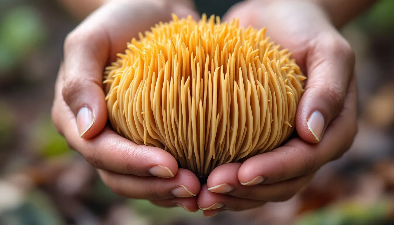 Closeup of hands holding a lion's mane mushroom