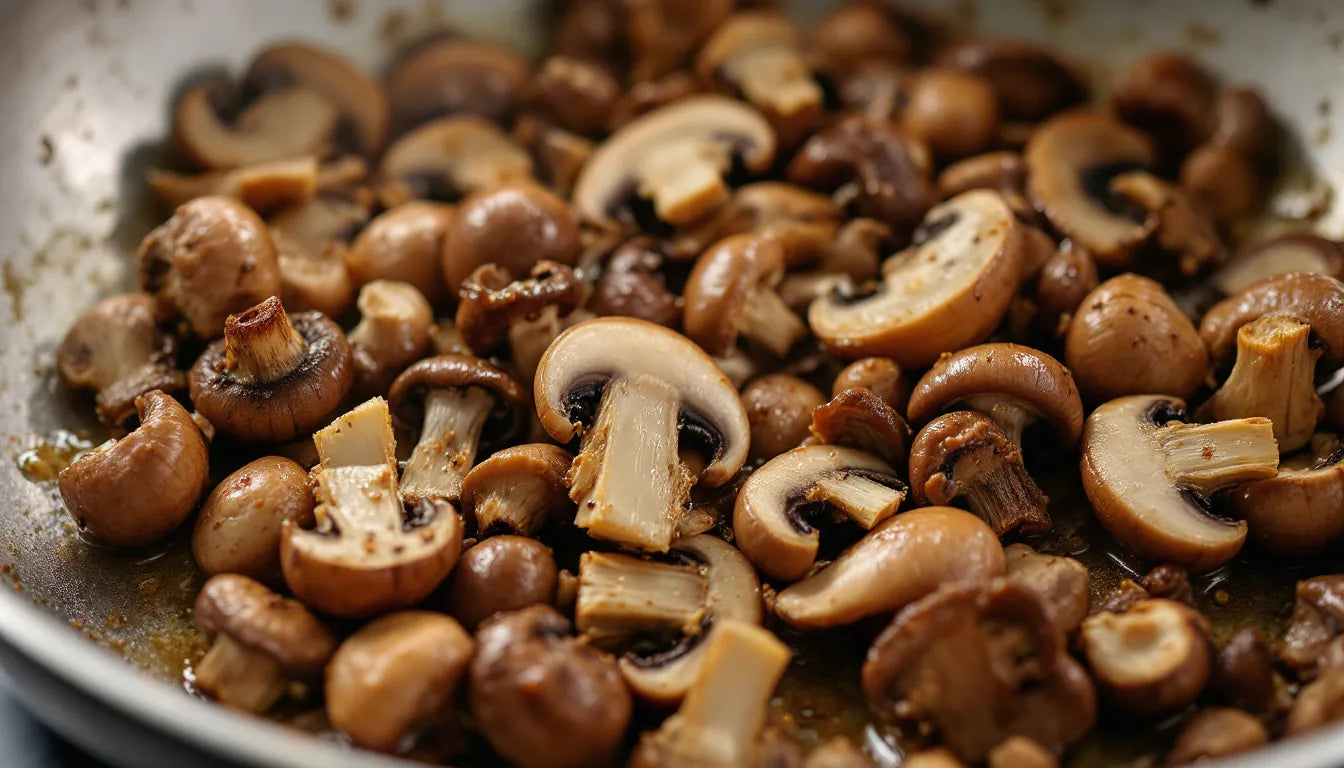 Mushrooms sautéing in a hot dry pan