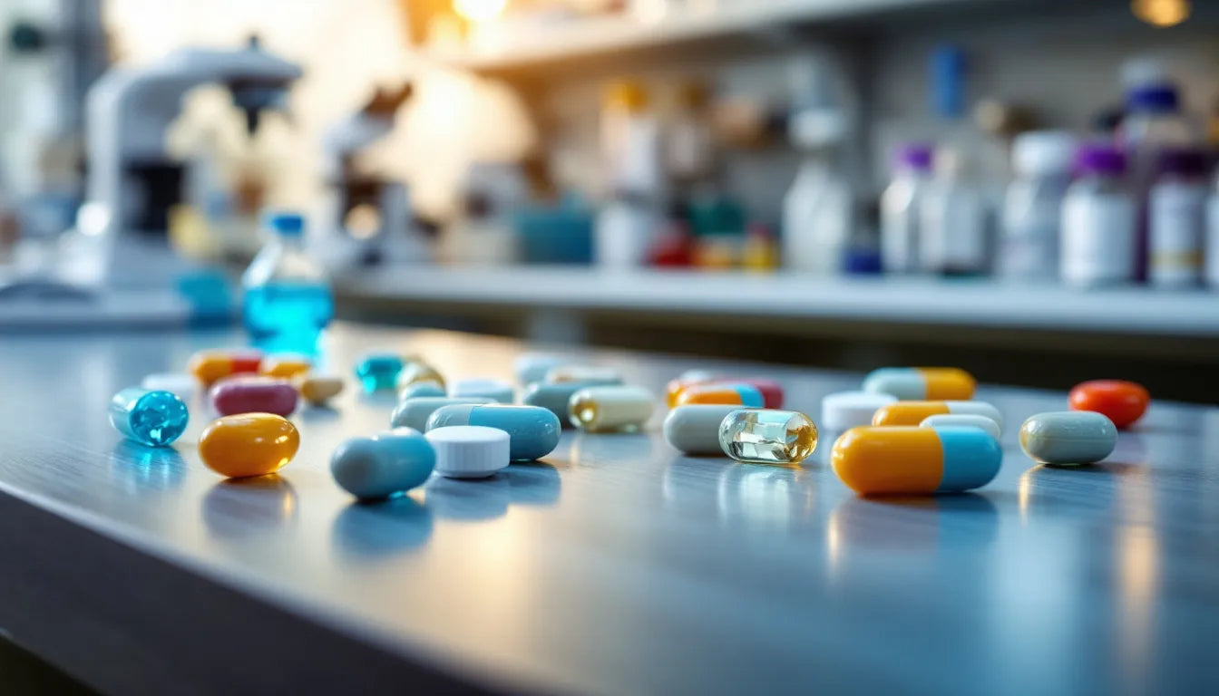 Pharmaceutical pills on a research table in a clinical setting.