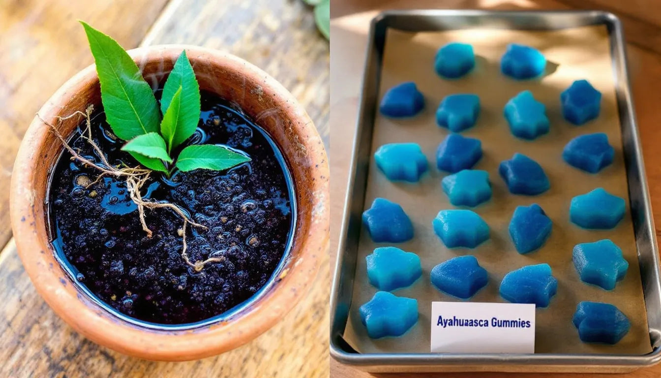Side-by-side of traditional ayahuasca brew and gummies