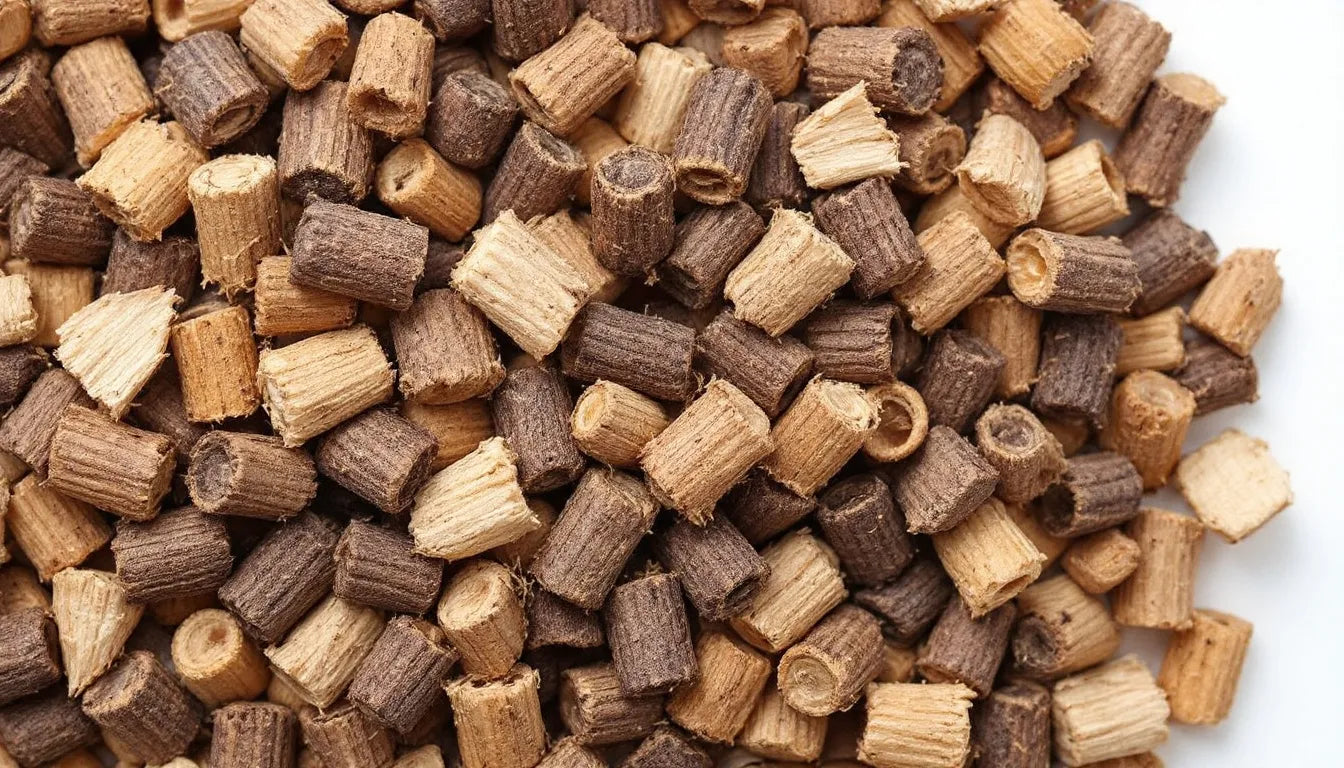 A detailed view of hardwood pellets and soybean hulls used for Master’s Mix.