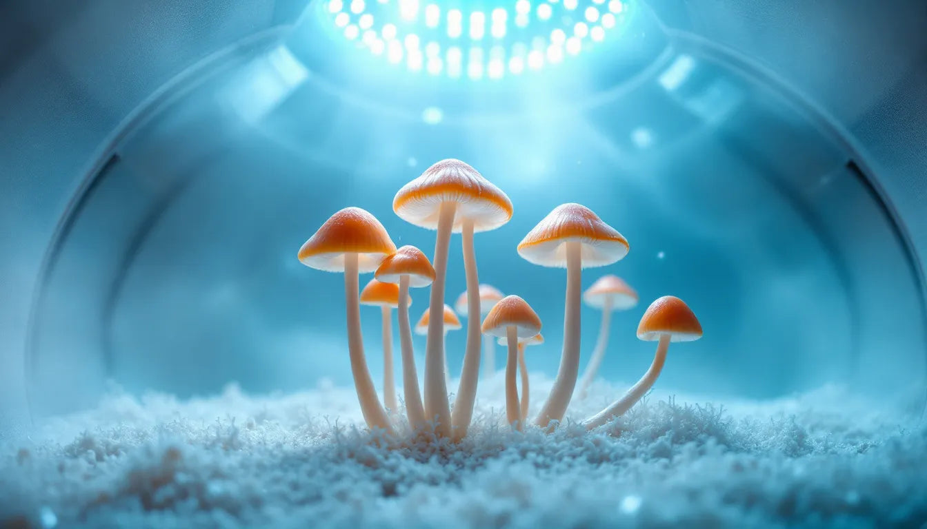 Cordyceps mushrooms forming inside a controlled humidity and temperature chamber.
