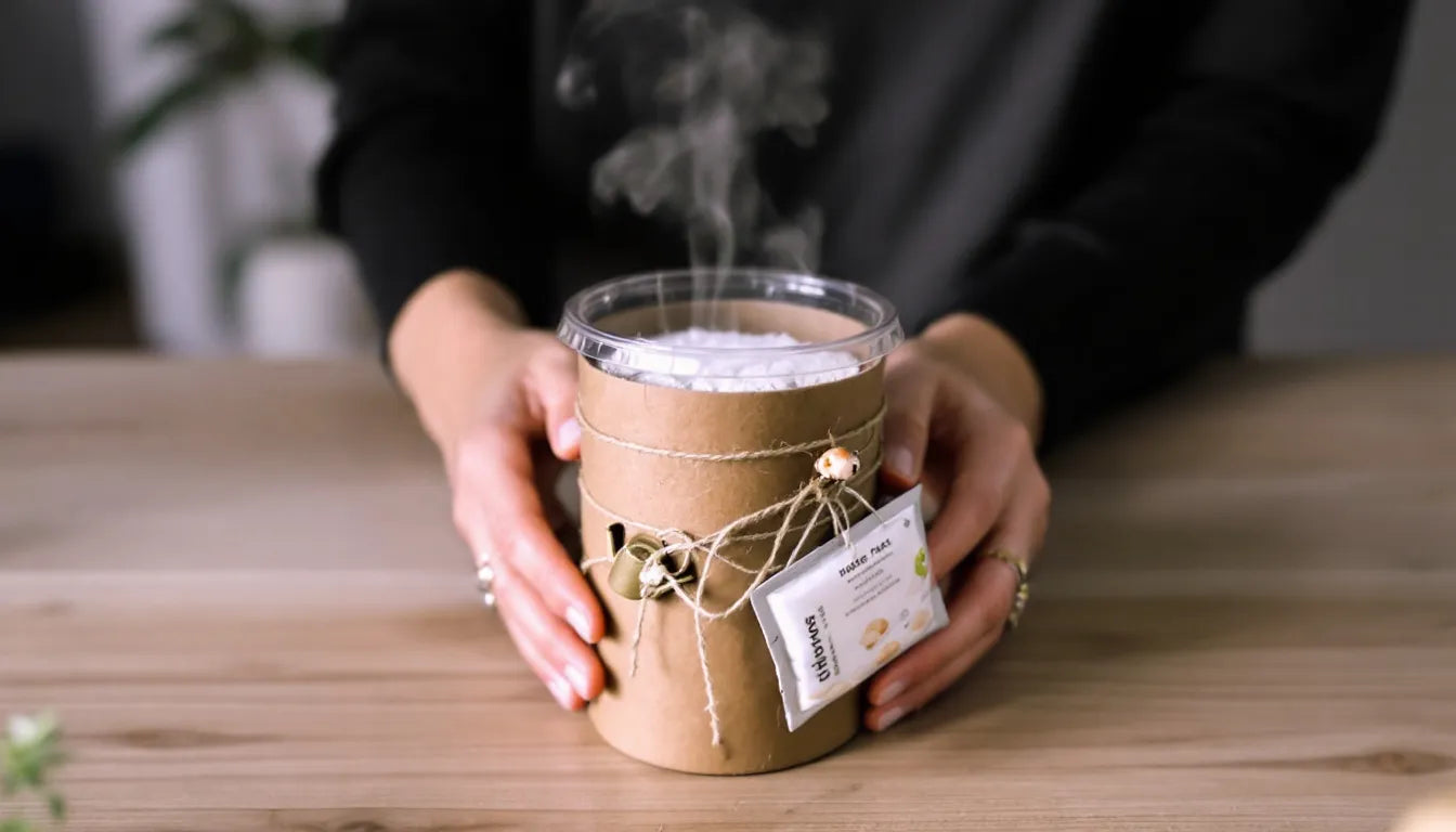 Hands holding a mushroom grow kit with visible fungi growth.