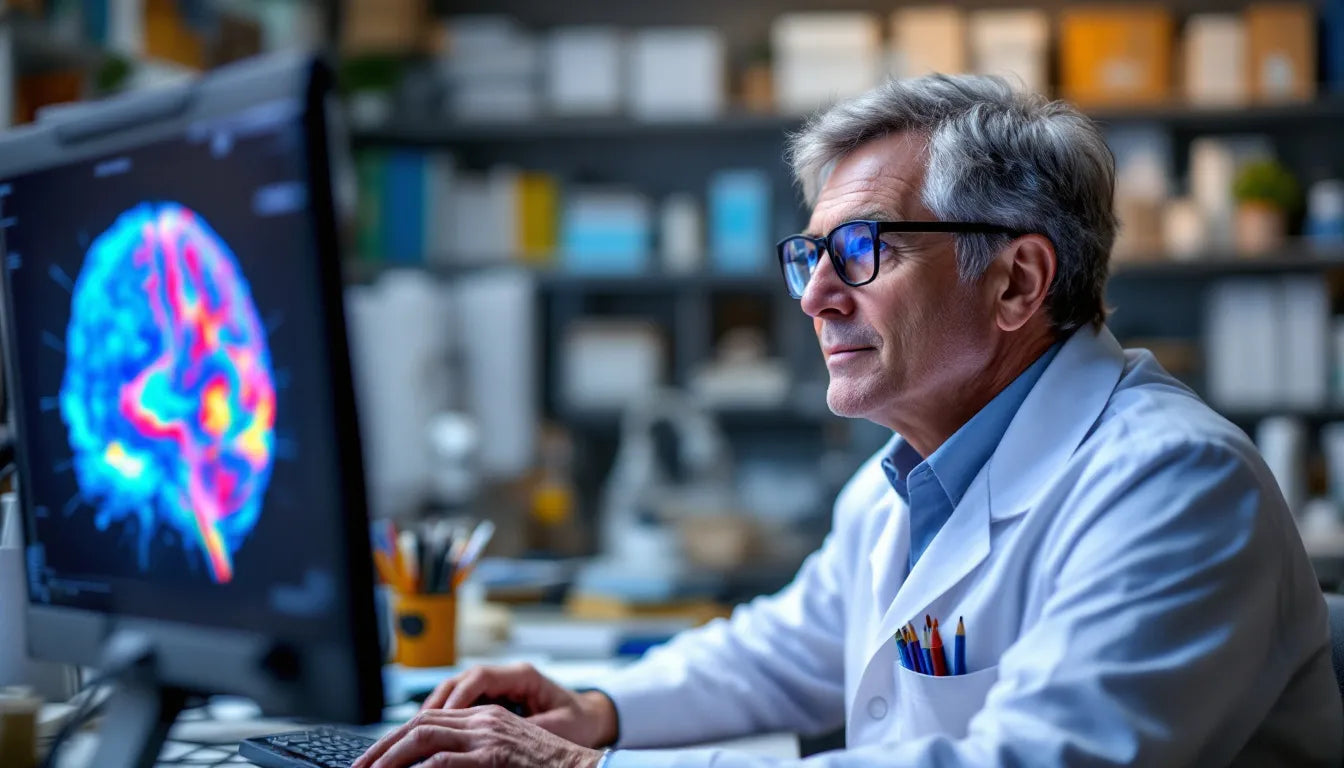 scientist analyzing colorful brain scan to study psychedelics