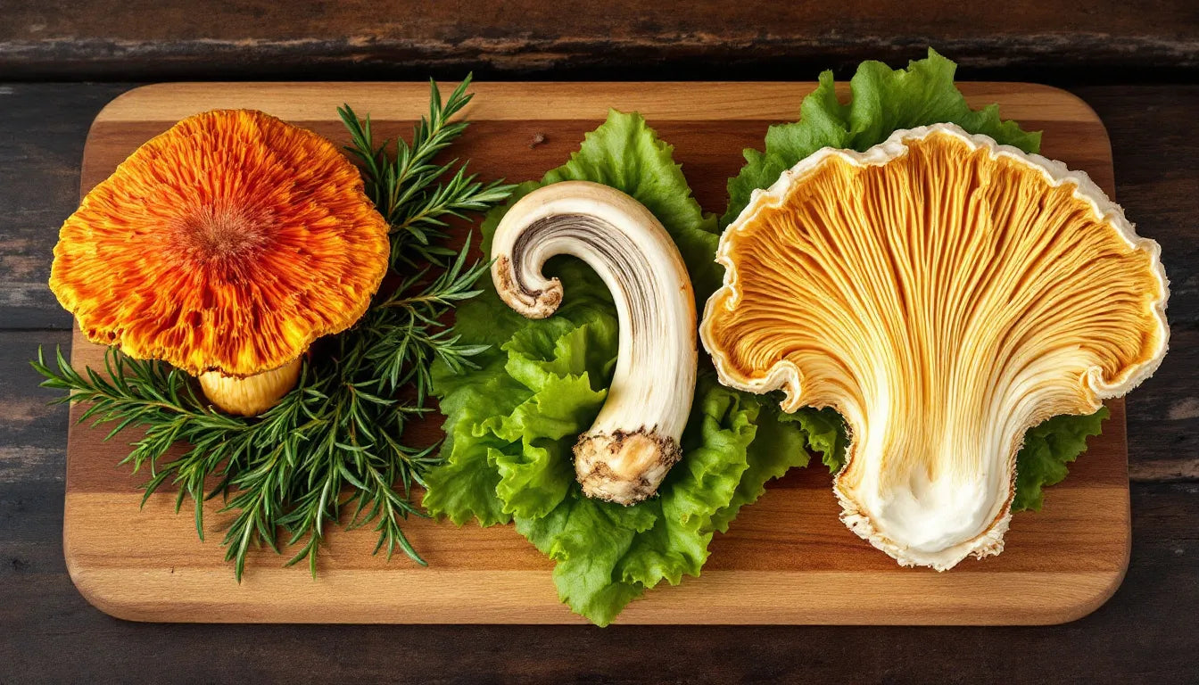 Assortment of gourmet mushrooms on wooden board