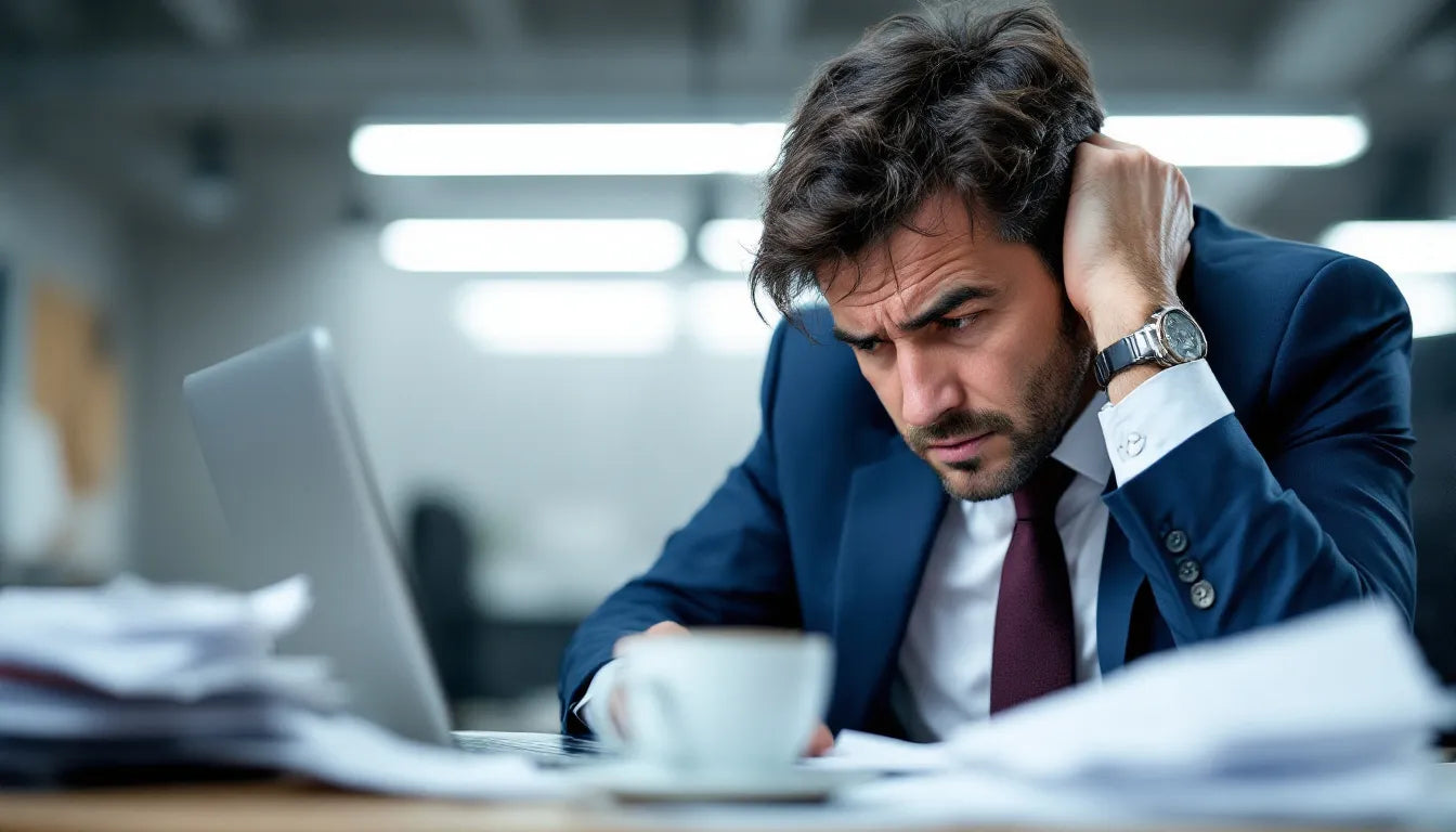 A stressed tech executive sitting at an office desk, deep in thought.