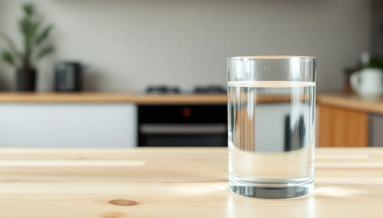 Clear glass of tap water on kitchen counter