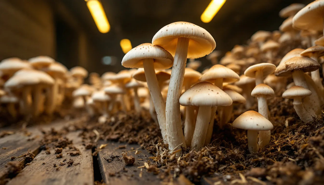 Indoor mushroom farm showing sustainable mushroom growth