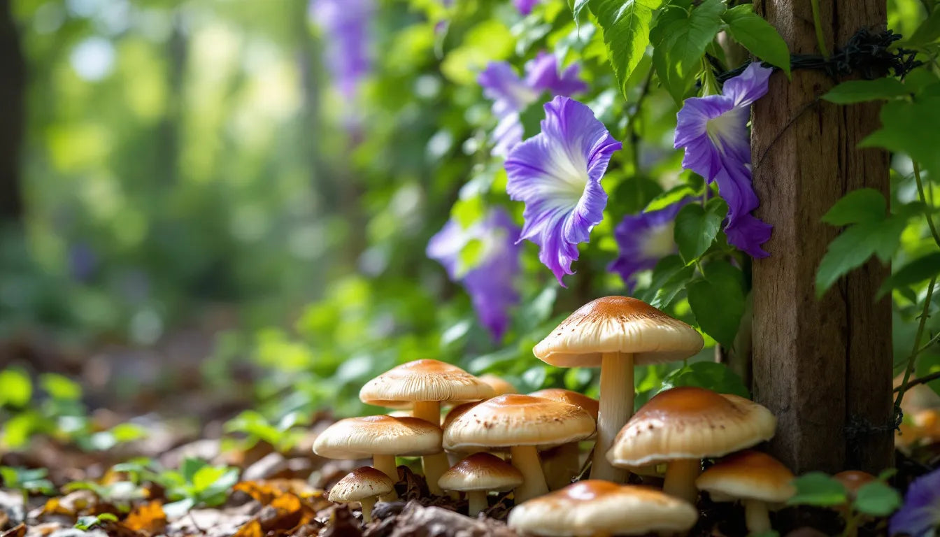 Morning glory flowers and wild mushrooms on forest ground