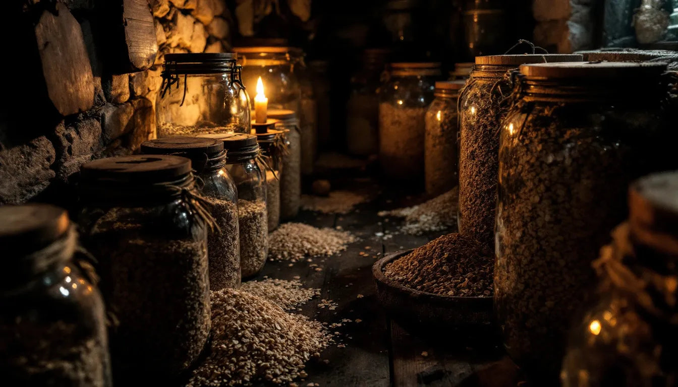 Controlled fermentation setup with grain jars colonized by mycelium