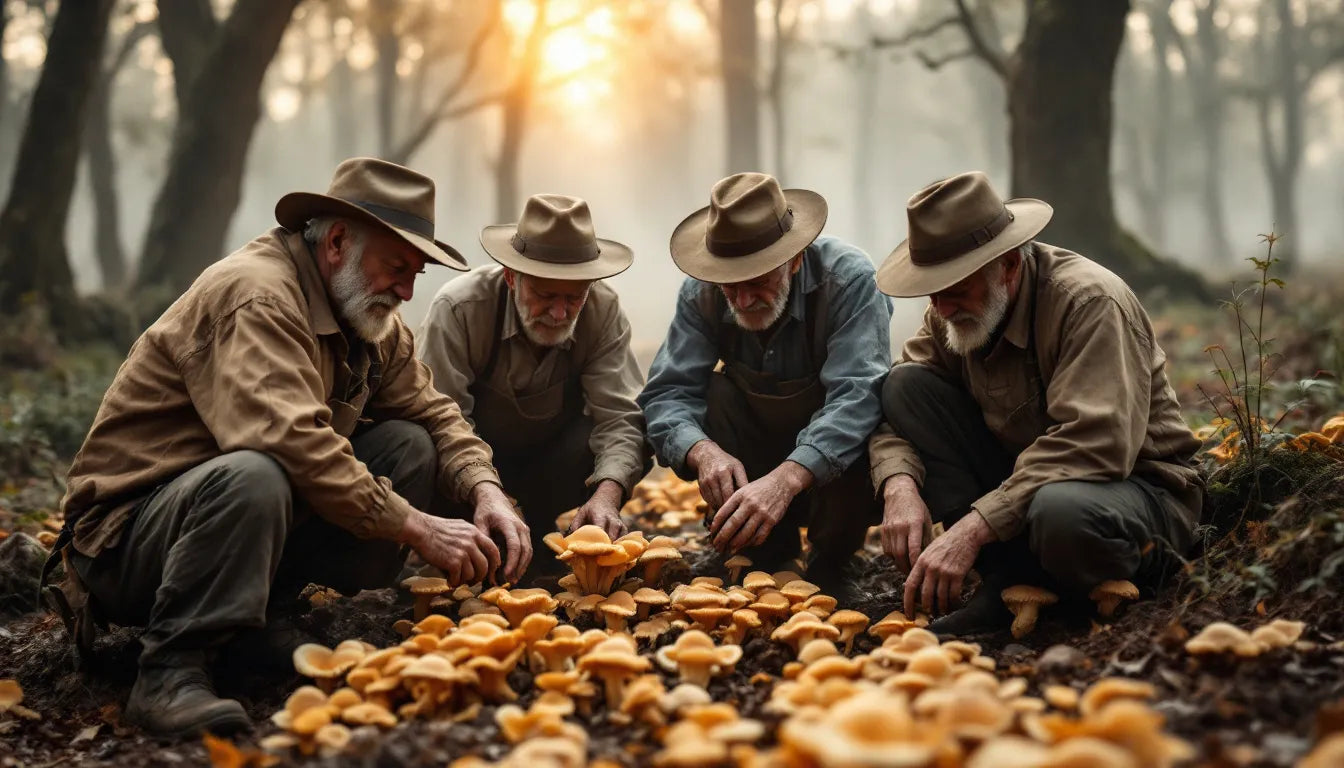 A collection of old photographs depicting early mushroom foragers in nature.