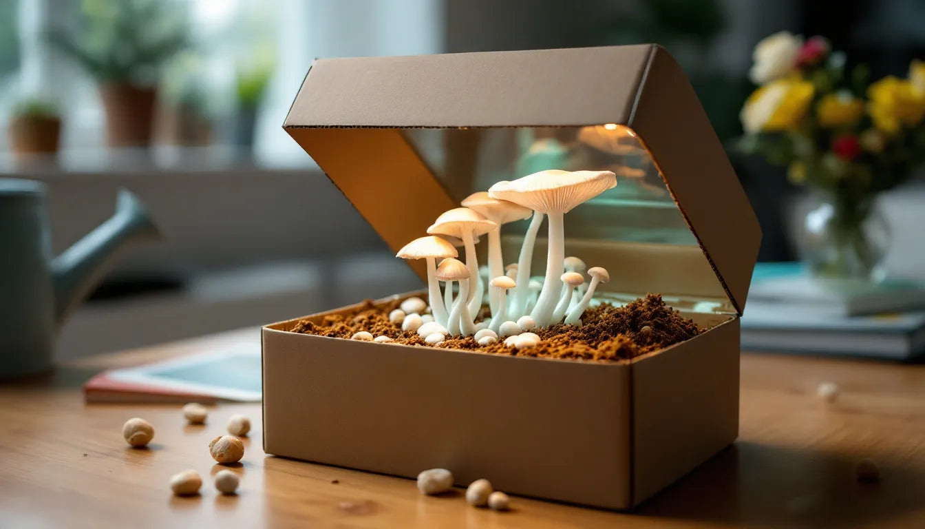 Mushroom grow kit with fresh mushrooms sprouting from it.