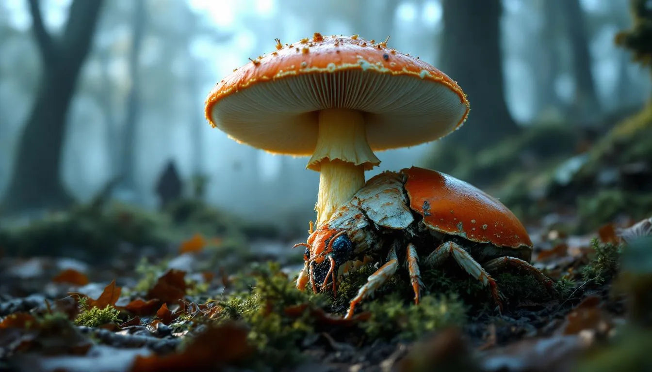 Entomopathogenic fungus growing on insect in forest