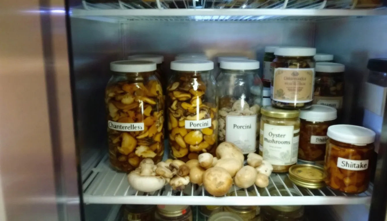 Glass jars of pickled mushrooms labeled and stored in refrigerator