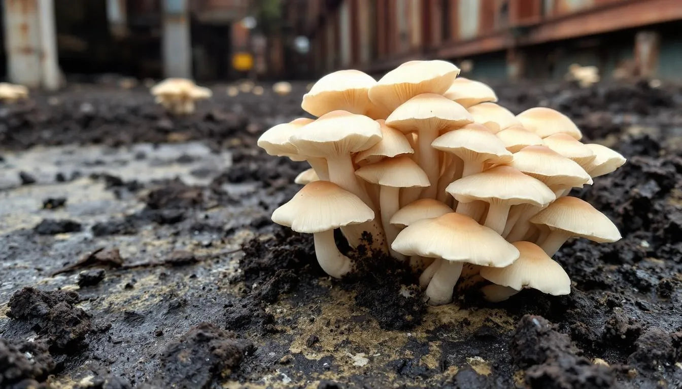 Oyster mushrooms growing in polluted soil for bioremediation