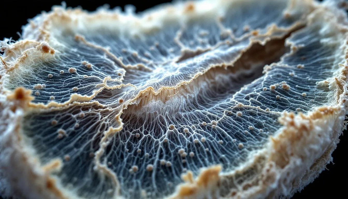 Microscopic cross-section of cup fungus showing layers