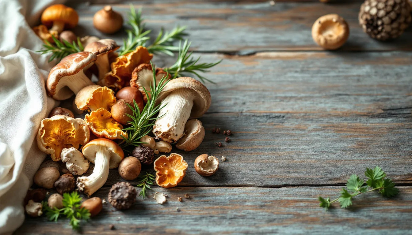 Fresh raw mushrooms on rustic surface with herbs