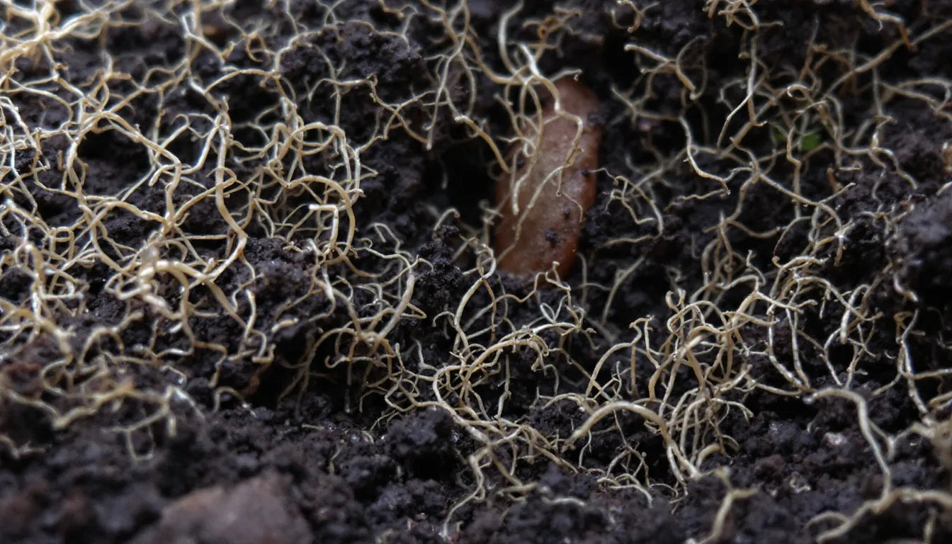 Underground mushroom mycelium thread network in forest soil