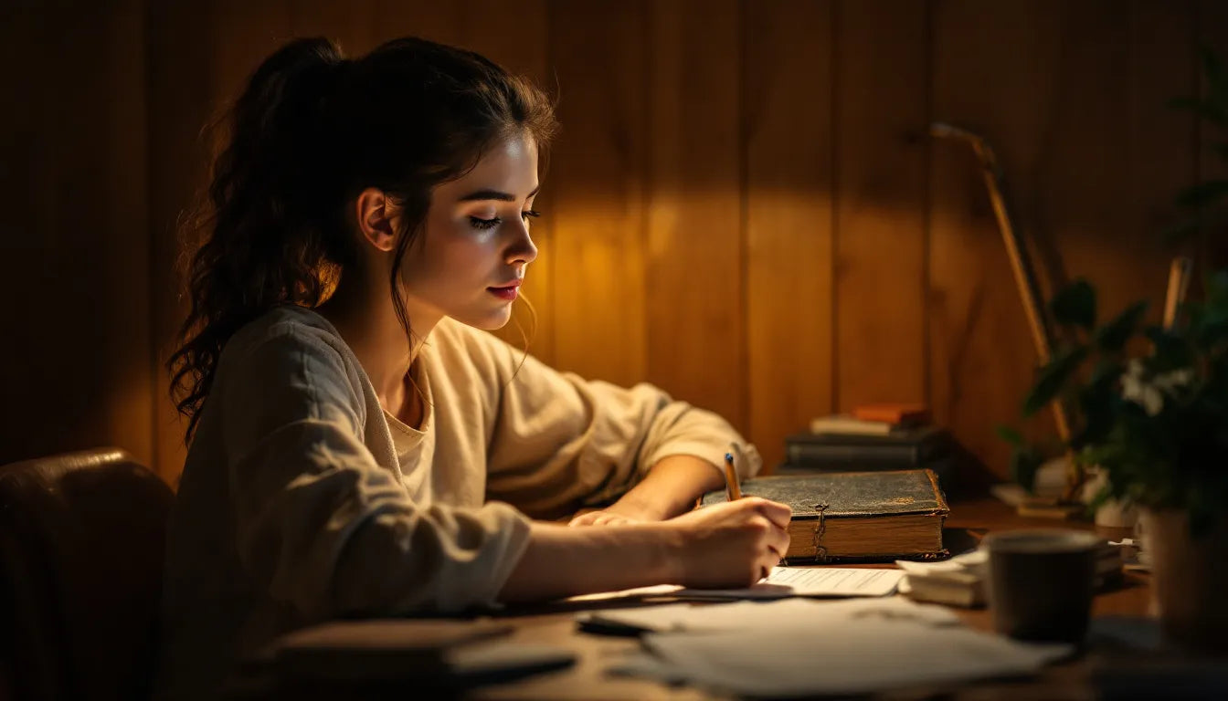 Person journaling thoughtfully at a wooden desk
