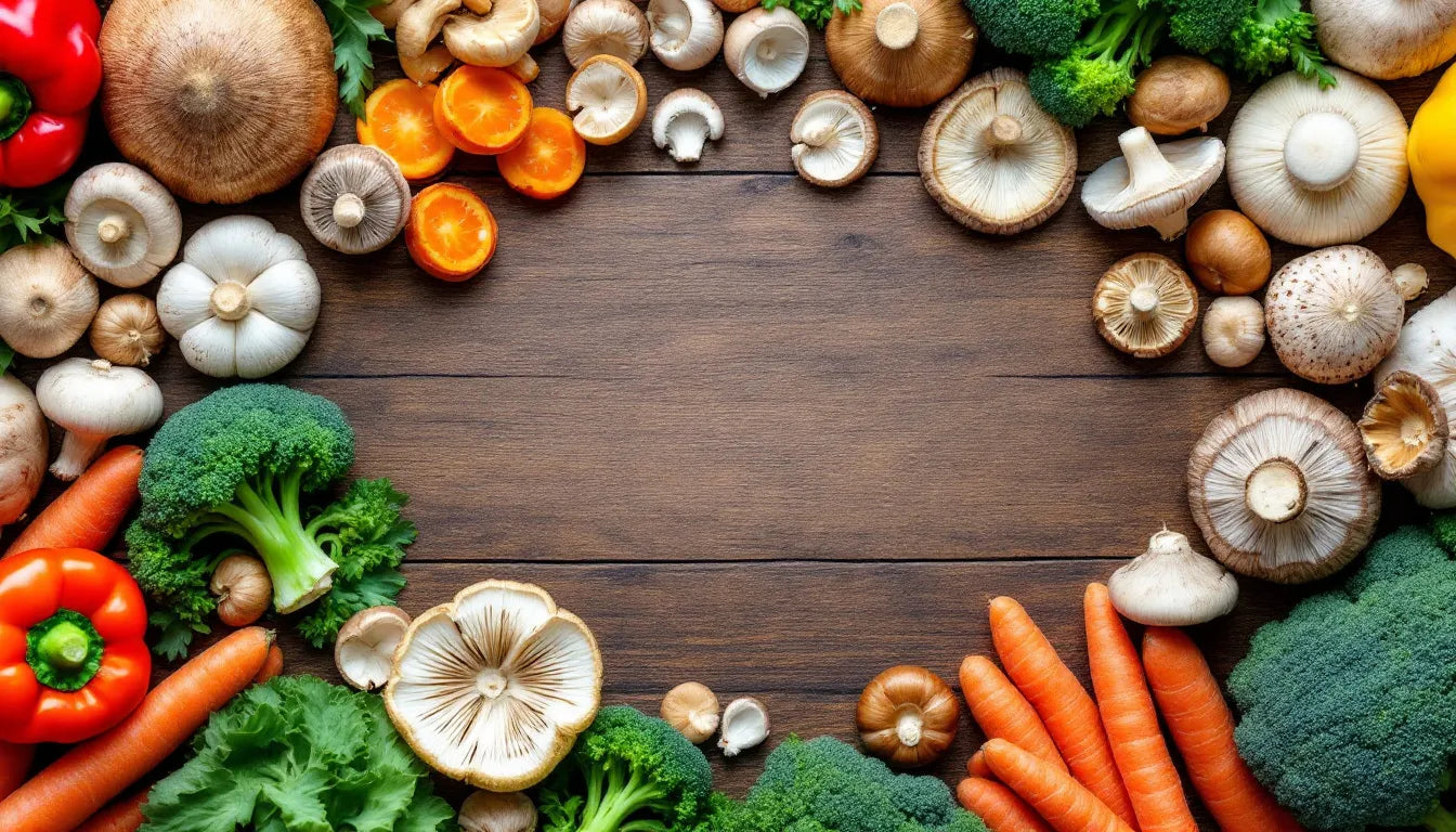 Assorted mushrooms surrounded by fresh vegetables on a kitchen counter