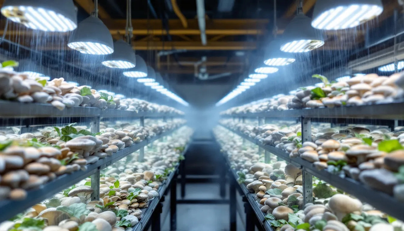 Indoor mushroom farm with grow racks and climate control