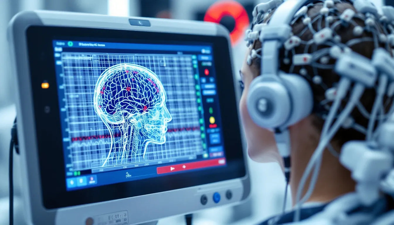 EEG monitor displaying active brain scan data