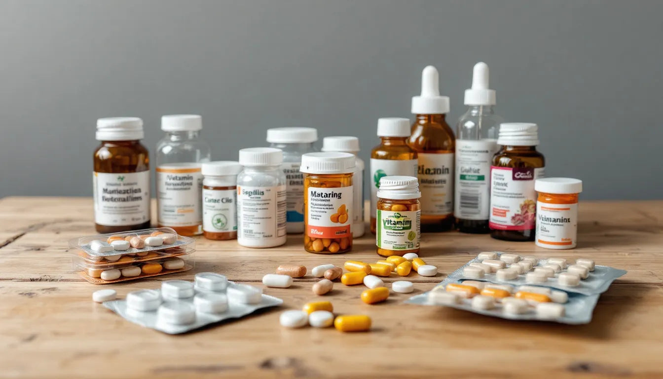 Various natural supplement bottles including chaga on wooden table