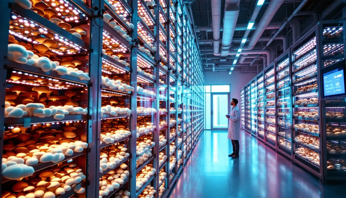 Vertical mushroom farming system with LED lights