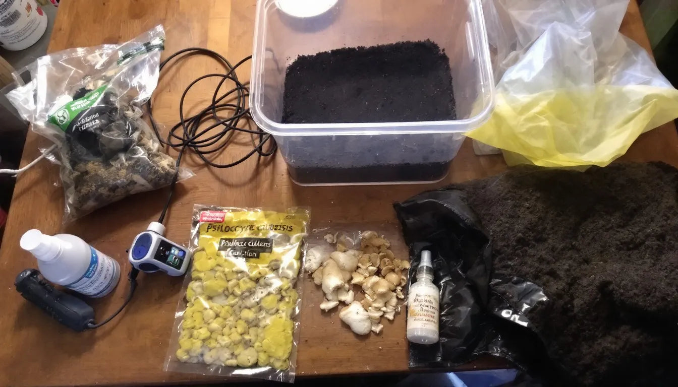 basic mushroom growing supplies including spawn, bag, and spray bottle