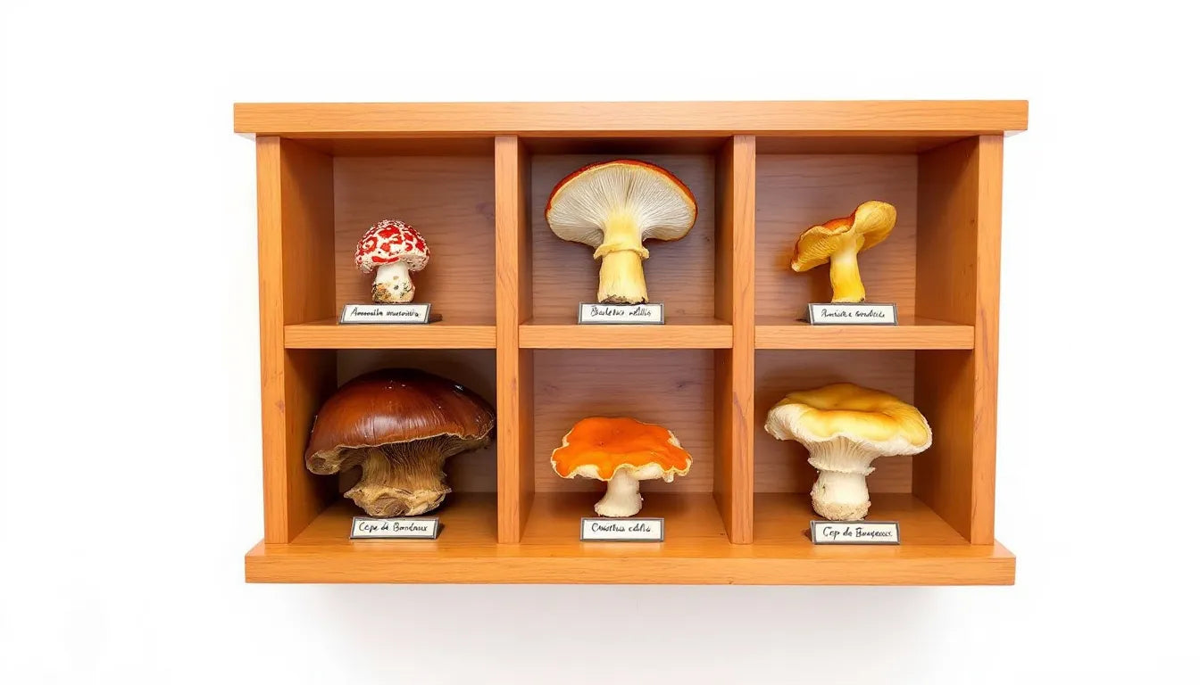Various gourmet mushrooms growing on shelves at home