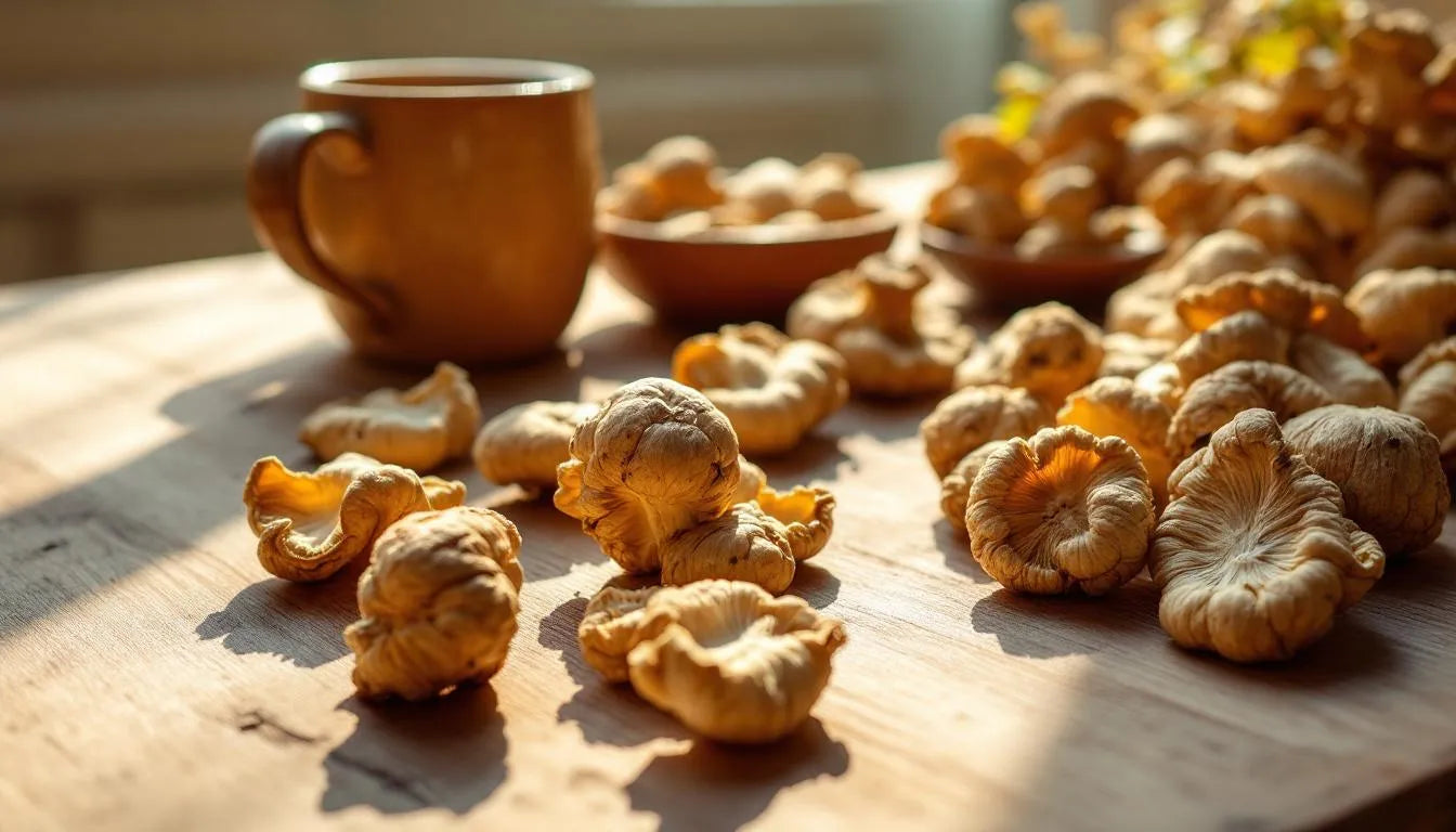 Sunlit dried mushrooms rich in vitamin D2 on table