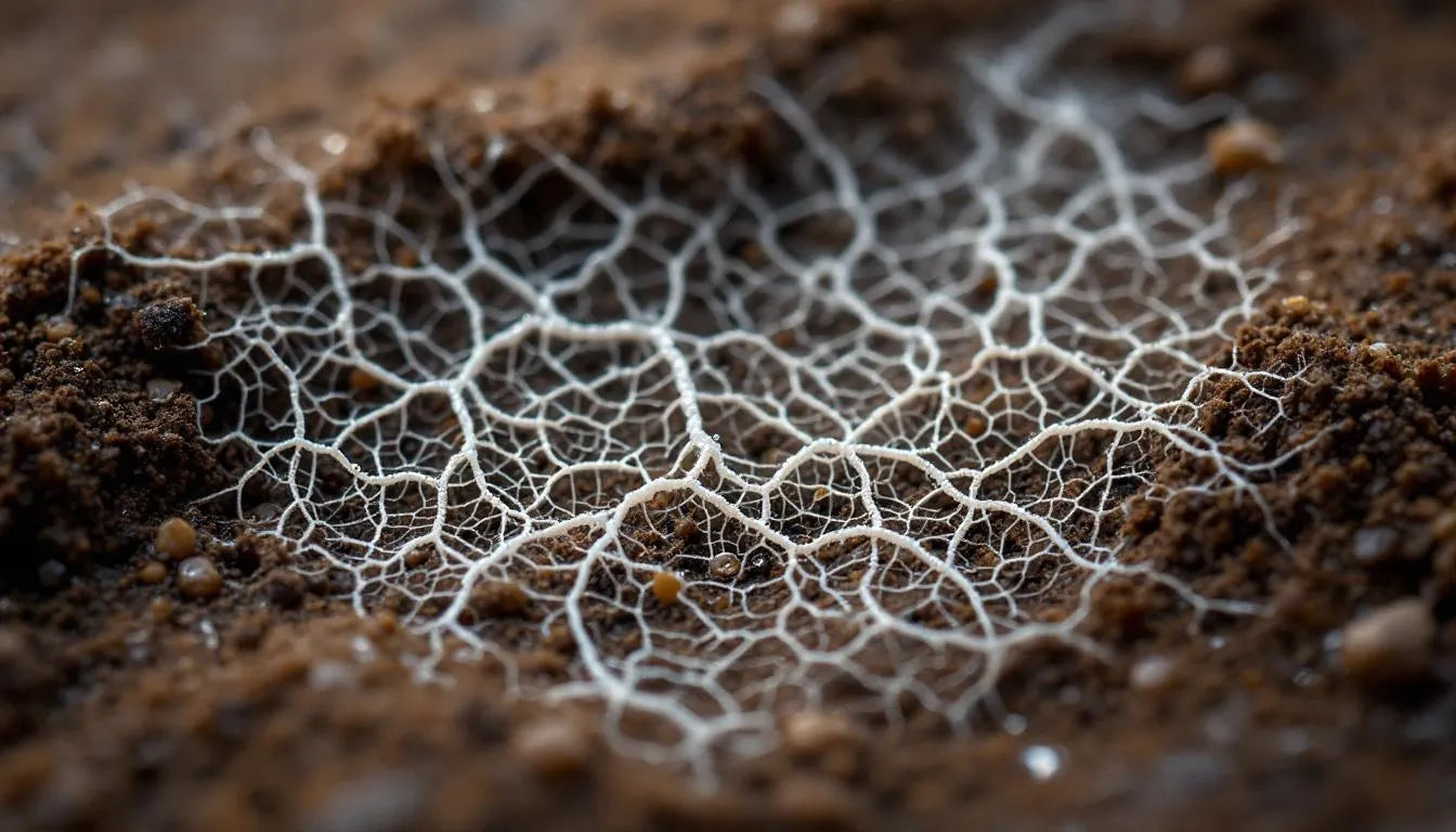 White mycelium strands colonizing garden soil