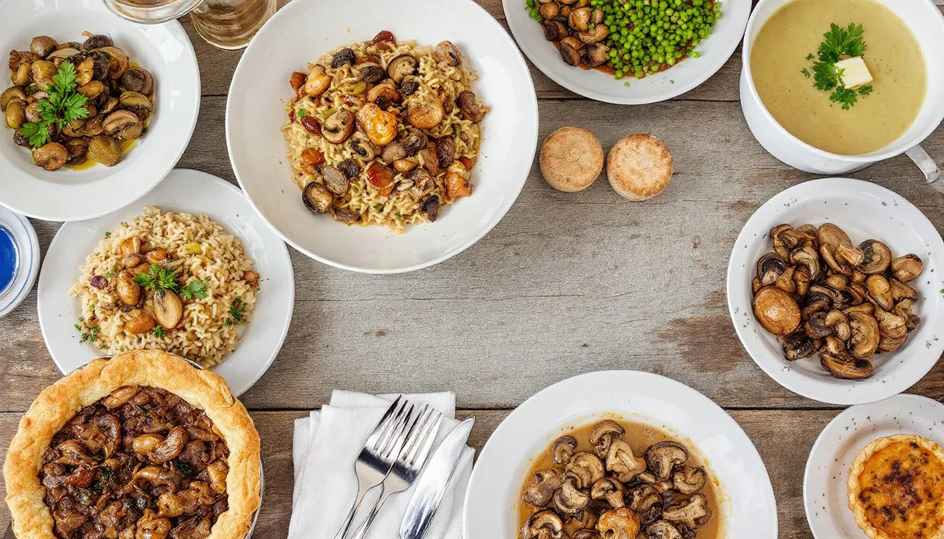 Different cooked mushroom-based dinners served in bowls and plates