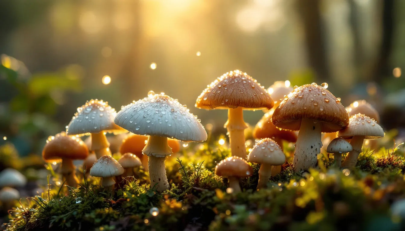 Mushrooms in a forest with morning dew on them