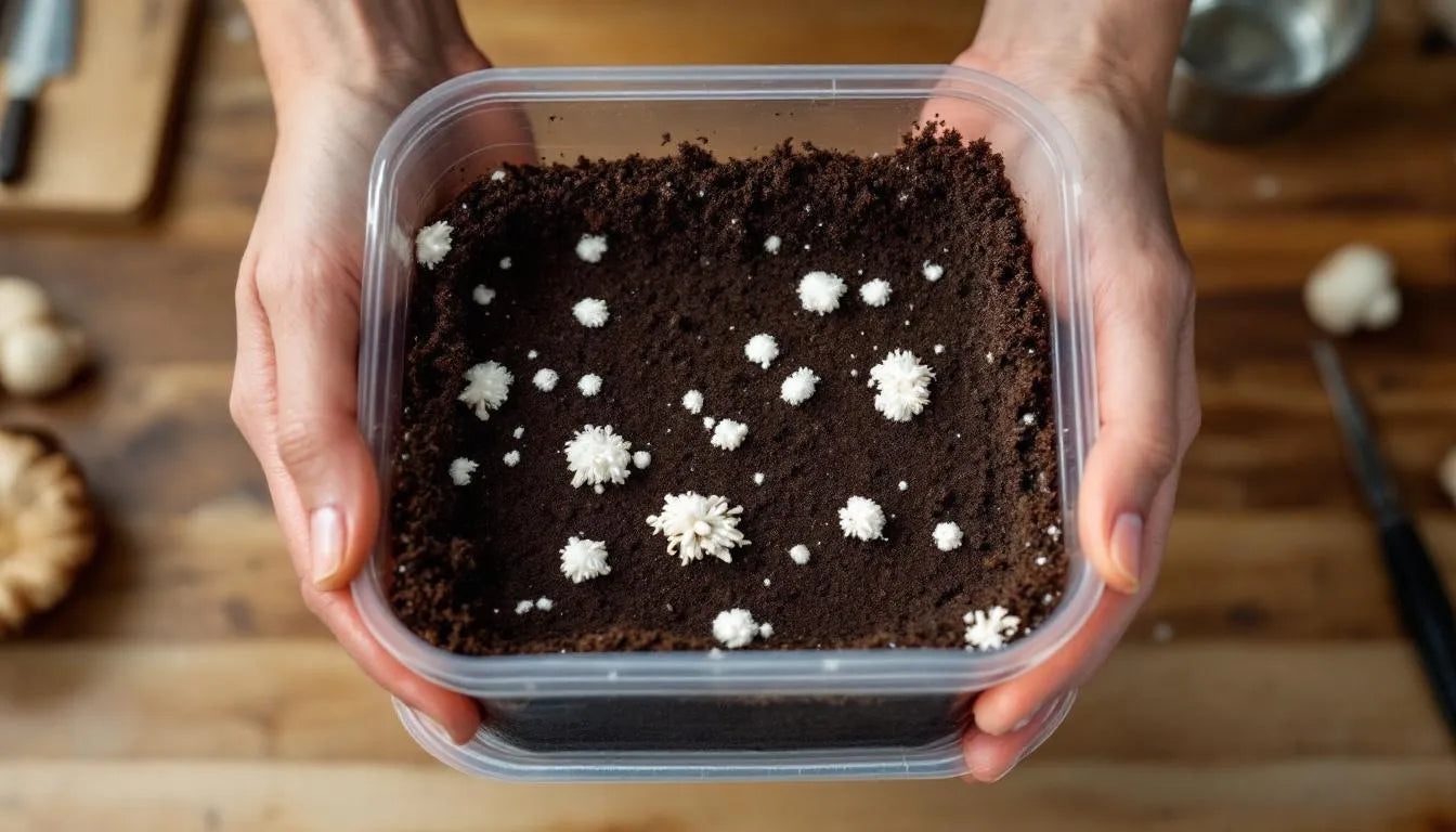 novice working with mushroom grow kit at home
