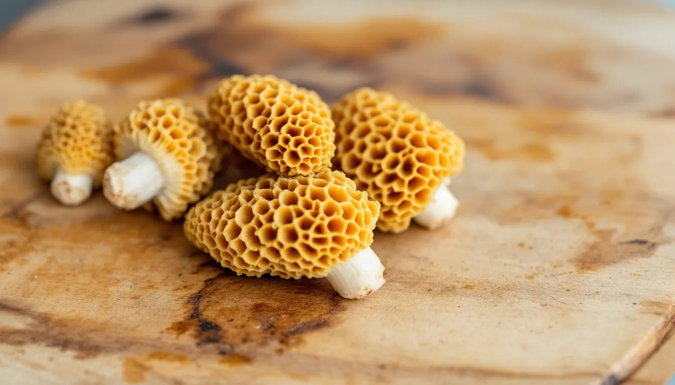 A group of fresh Morel mushrooms on a wooden cutting board.