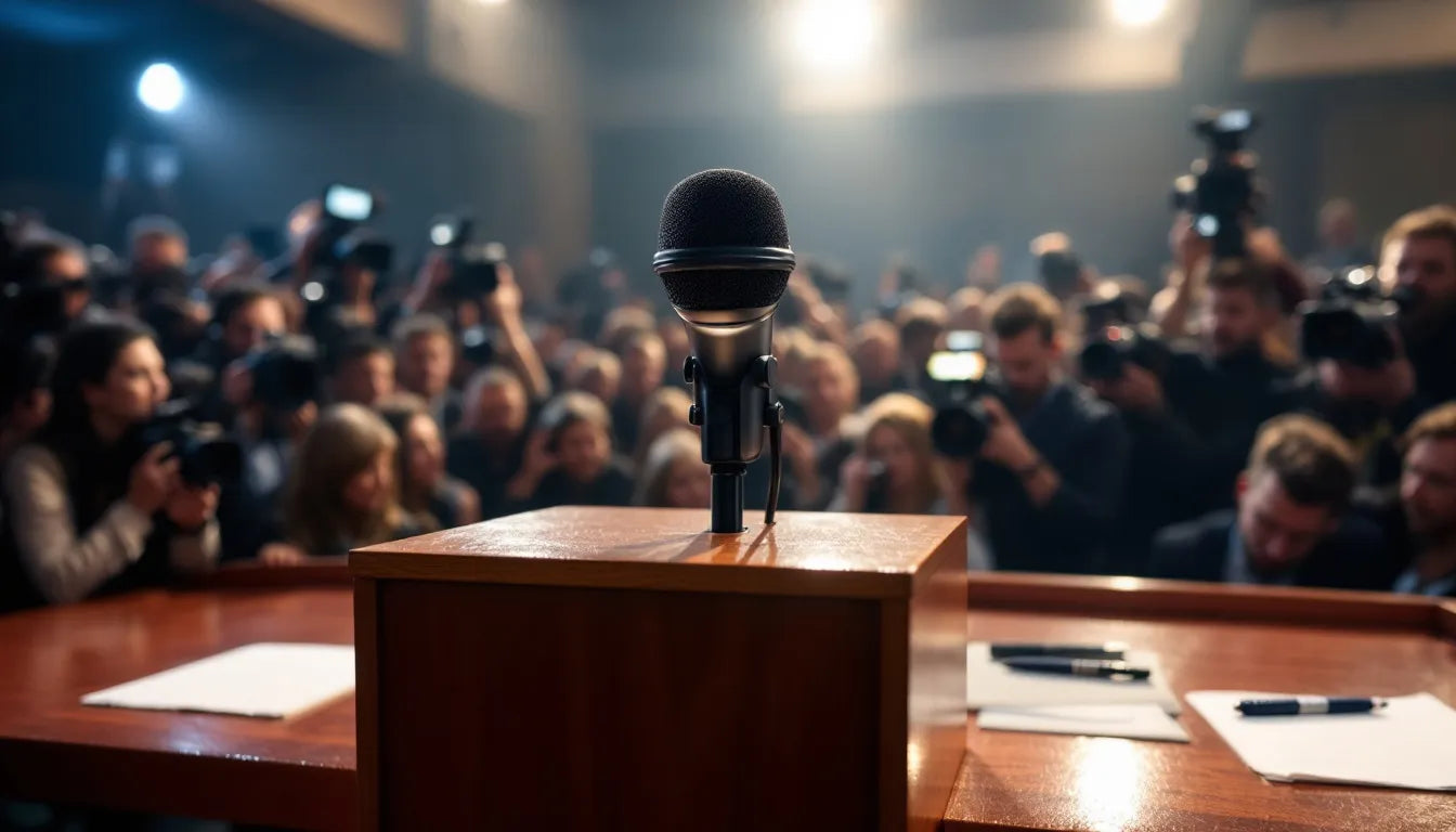 A microphone at a press conference where experts discuss policy reform.