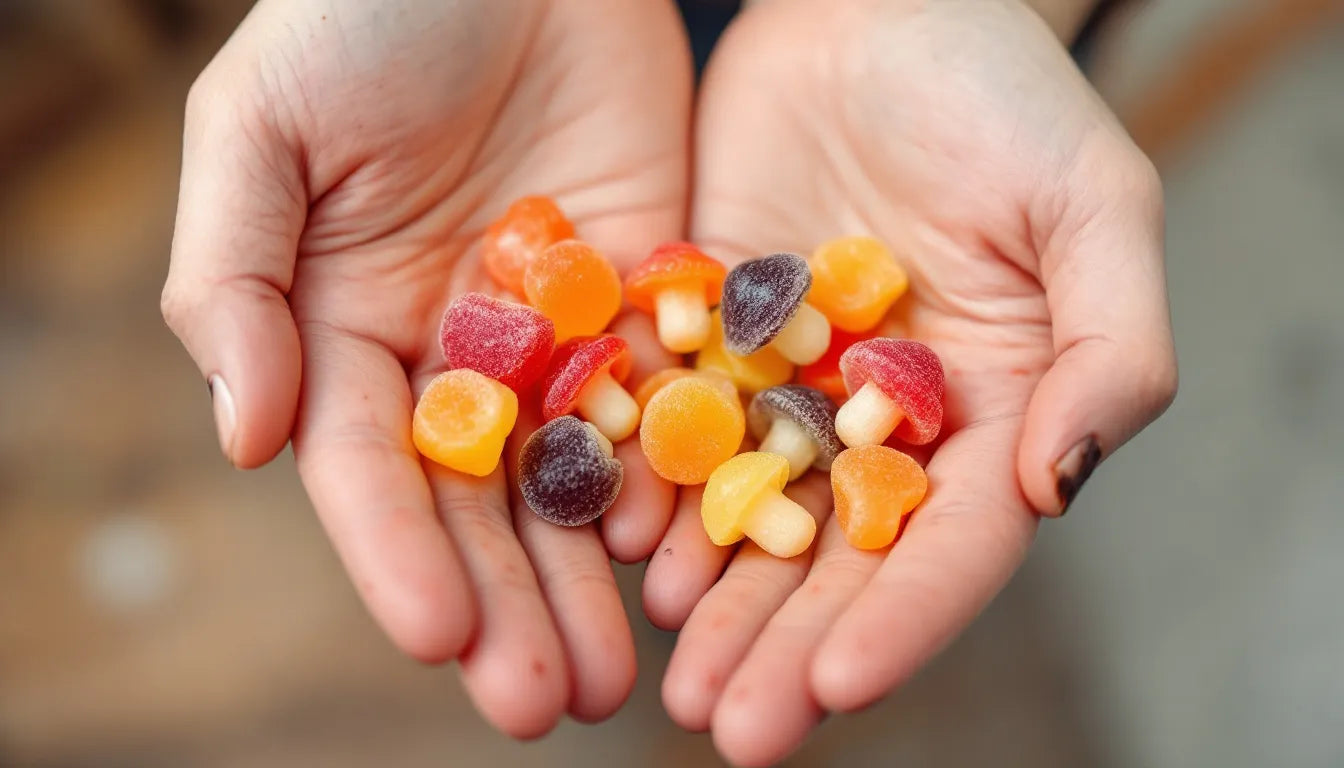 Hands holding magic mushroom gummy and functional gummy