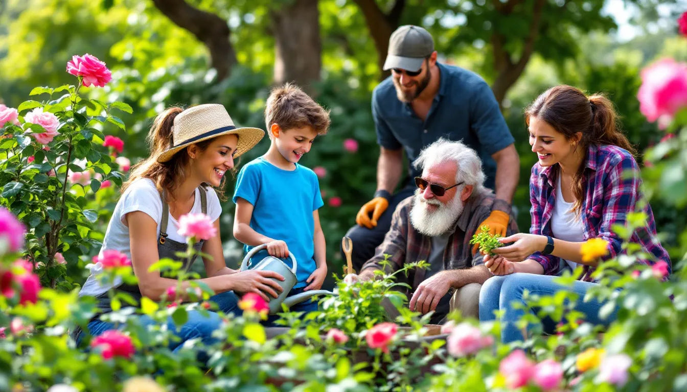 A group of people gardening together in a communal space.
