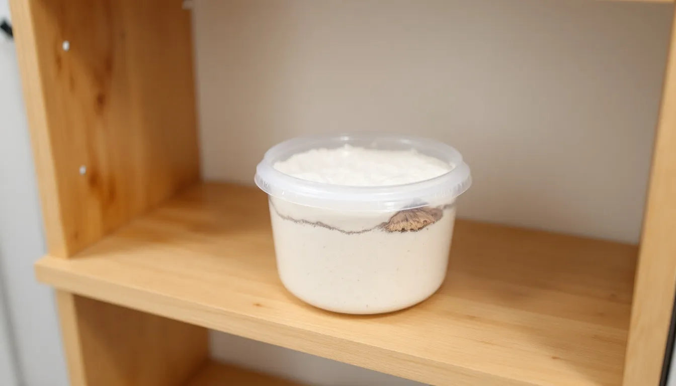 Plastic mushroom monotub on indoor shelf