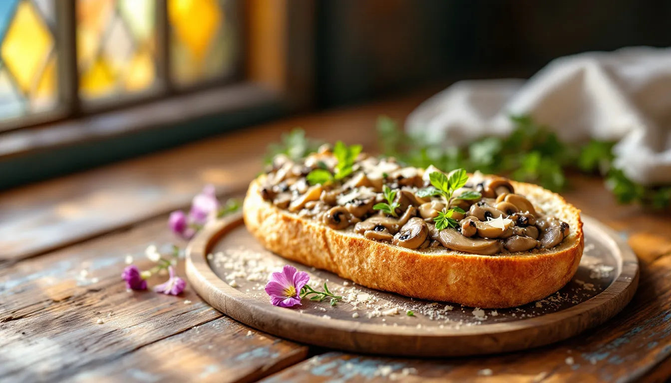 Wild mushroom paté spread on rustic artisan toast