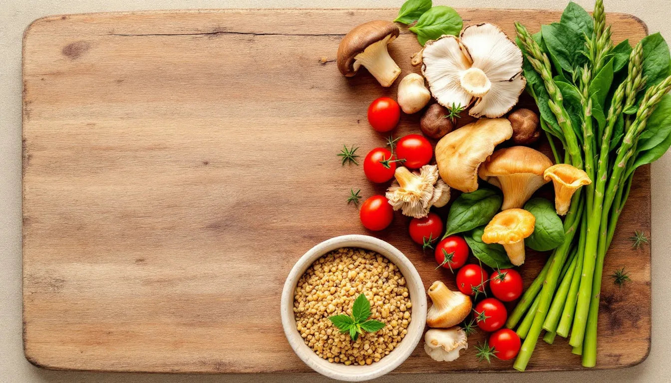 Assorted fresh mushrooms with vegetables and grains on kitchen counter